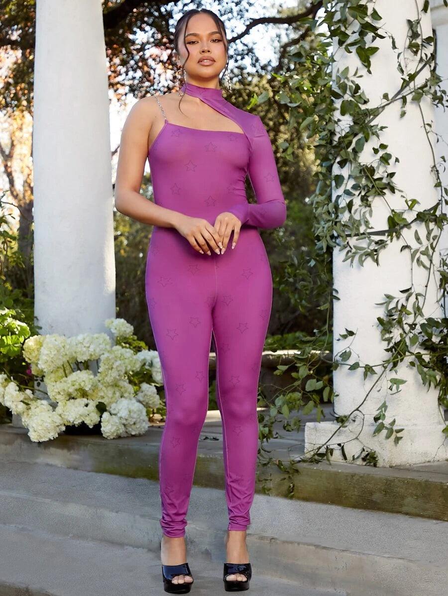 Star Print Asymmetrical Neck Jumpsuit-Comfy Jumpsuits