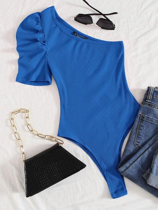 Ribbed Knit One Shoulder Puff Sleeve Plain Bodysuit-Comfy Jumpsuits