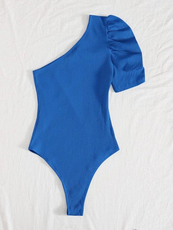 Ribbed Knit One Shoulder Puff Sleeve Plain Bodysuit-Comfy Jumpsuits