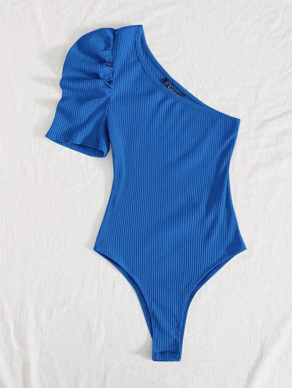 Ribbed Knit One Shoulder Puff Sleeve Plain Bodysuit-Comfy Jumpsuits