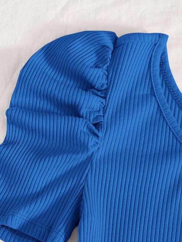 Ribbed Knit One Shoulder Puff Sleeve Plain Bodysuit-Comfy Jumpsuits