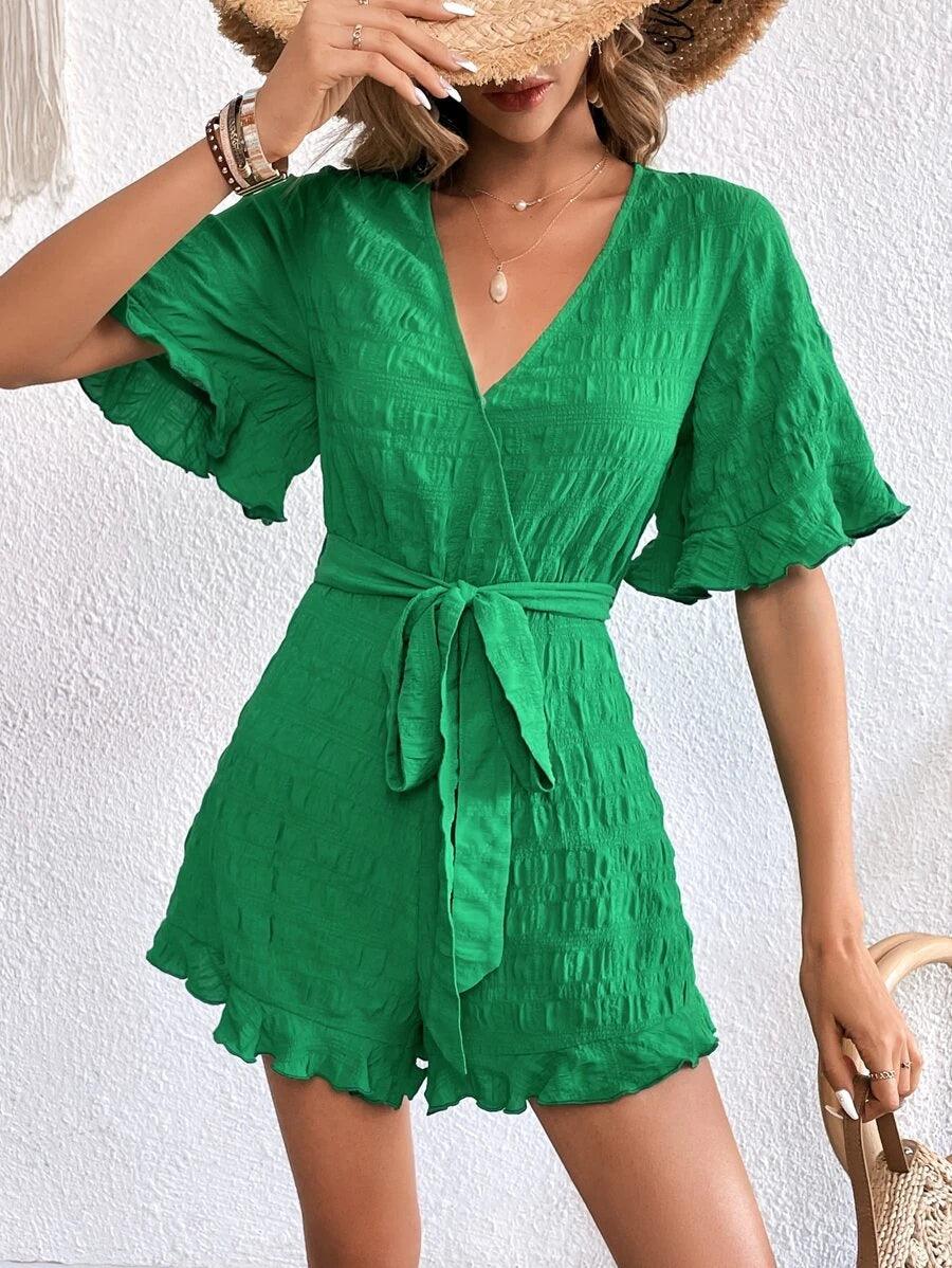 Solid Ruffle Belted Romper-Comfy Jumpsuits