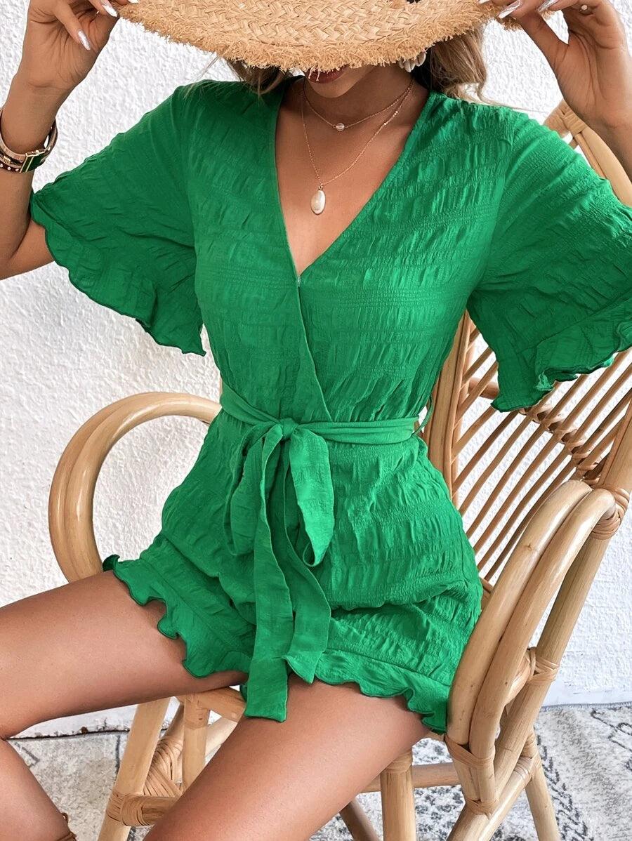 Solid Ruffle Belted Romper-Comfy Jumpsuits