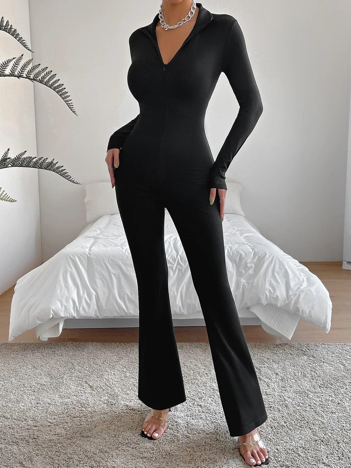 Zipper Flare Leg Jumpsuit-Comfy Jumpsuits