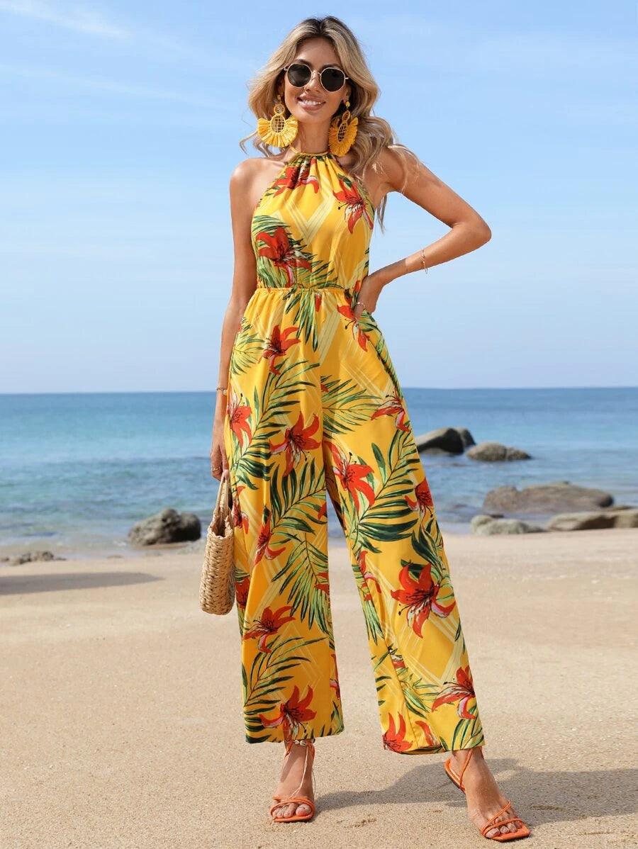 Tropical Print Halter Neck Wide Leg Jumpsuit-Comfy Jumpsuits