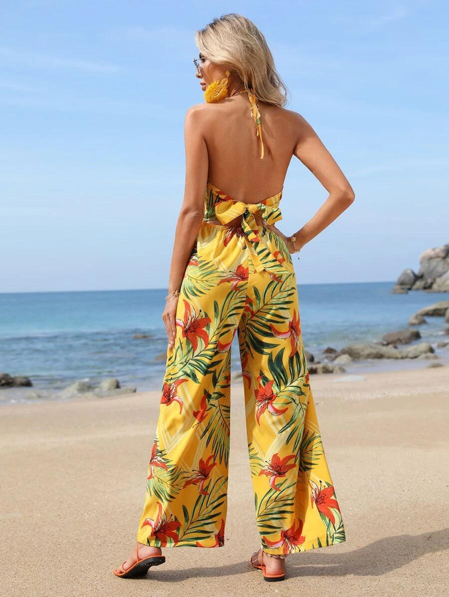 Tropical Print Halter Neck Wide Leg Jumpsuit-Comfy Jumpsuits