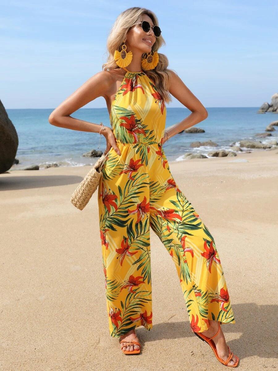 Tropical Print Halter Neck Wide Leg Jumpsuit-Comfy Jumpsuits