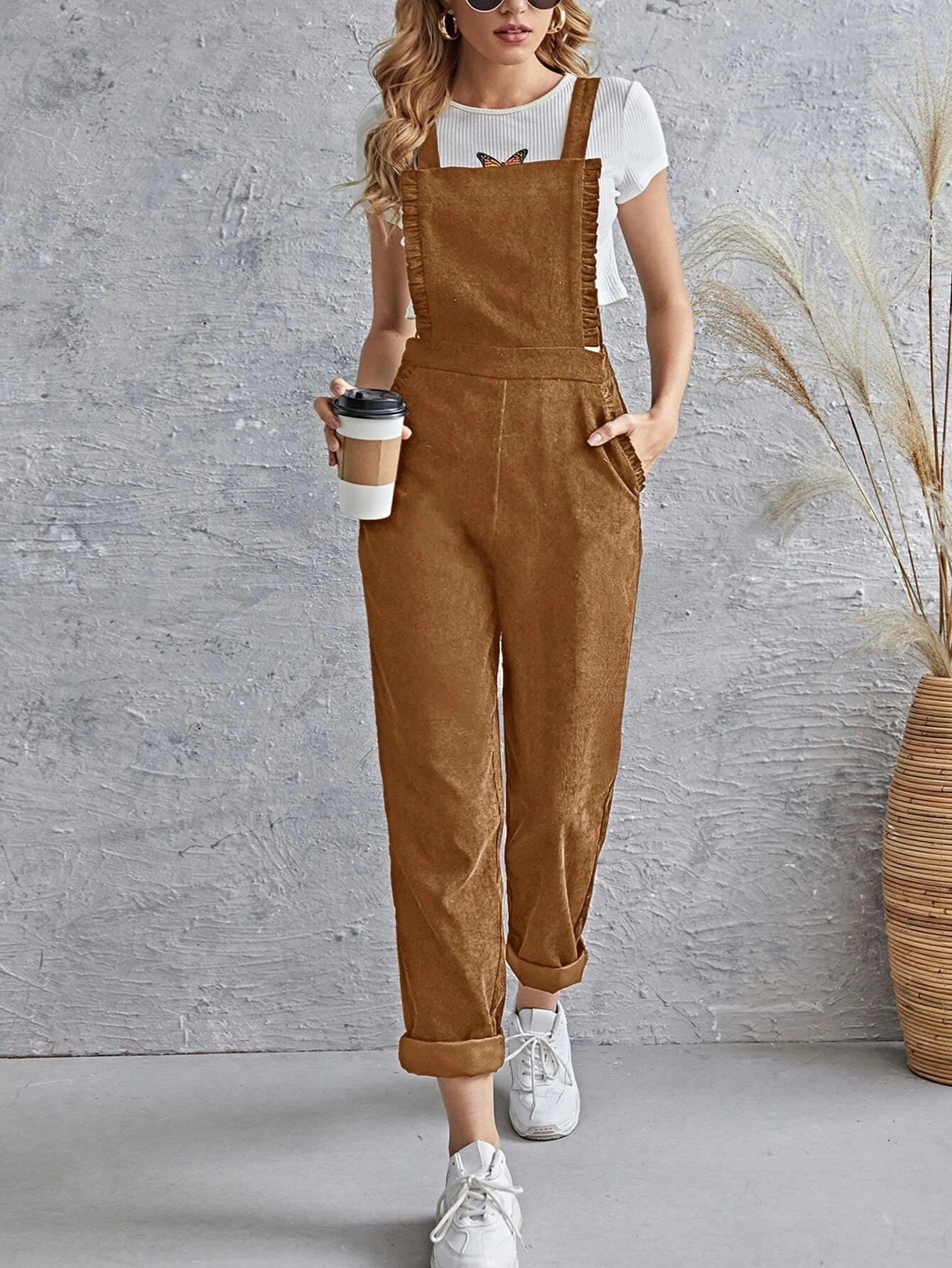 Sleeveless Pocket Front Cord Overalls-Comfy Jumpsuits