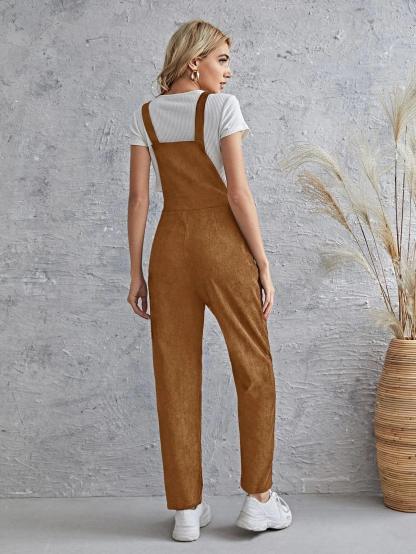 Sleeveless Pocket Front Cord Overalls-Comfy Jumpsuits