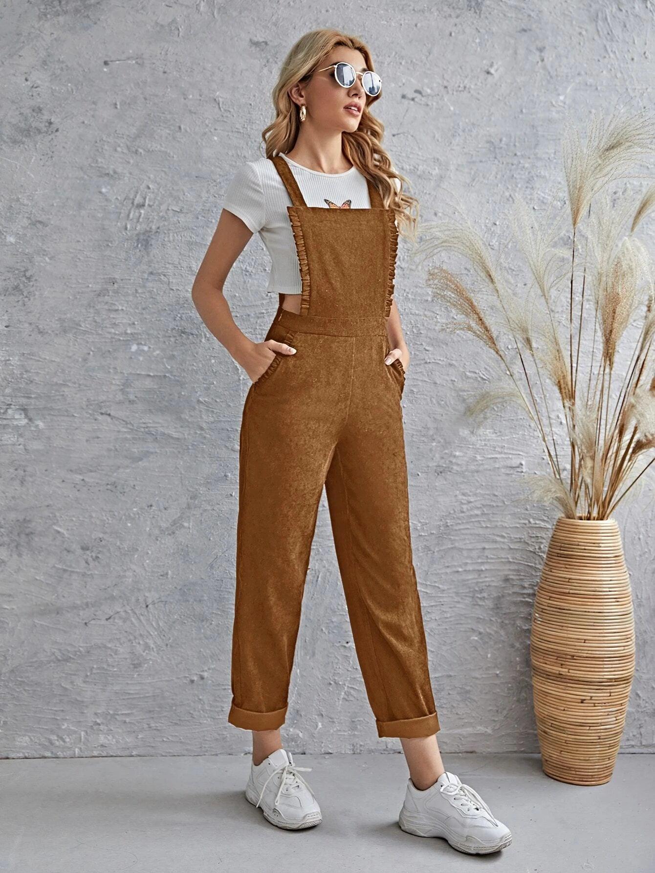 Sleeveless Pocket Front Cord Overalls-Comfy Jumpsuits