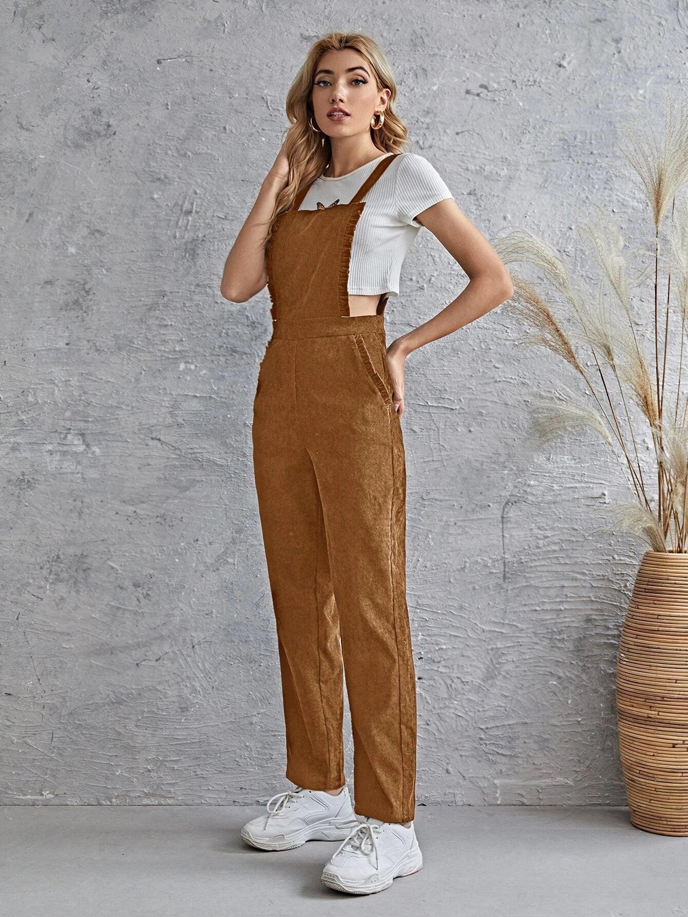 Sleeveless Pocket Front Cord Overalls-Comfy Jumpsuits