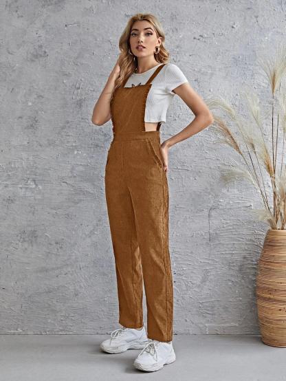 Sleeveless Pocket Front Cord Overalls-Comfy Jumpsuits