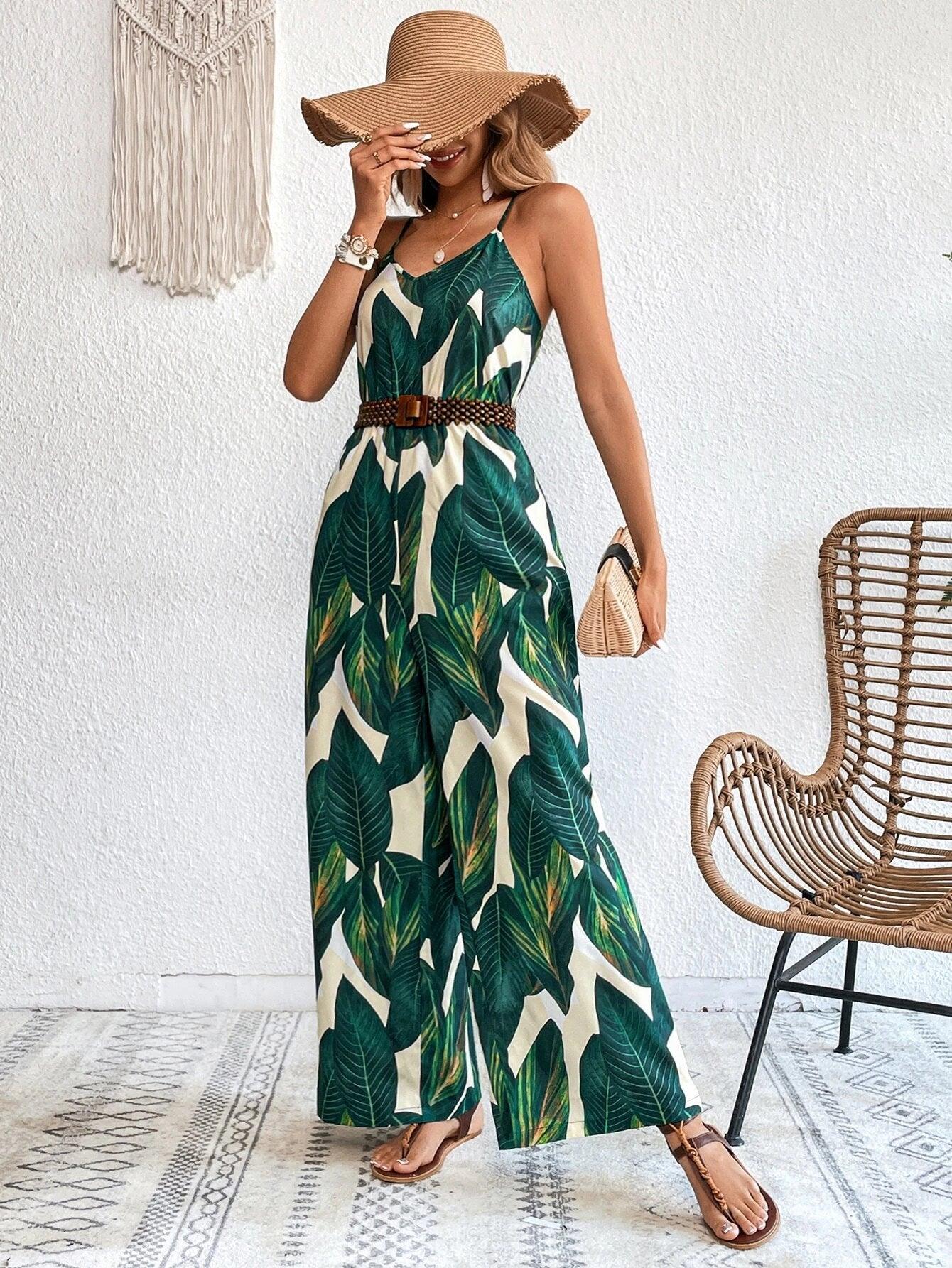 Tropical Print Wide Leg Cami Jumpsuit Without Belt-Comfy Jumpsuits