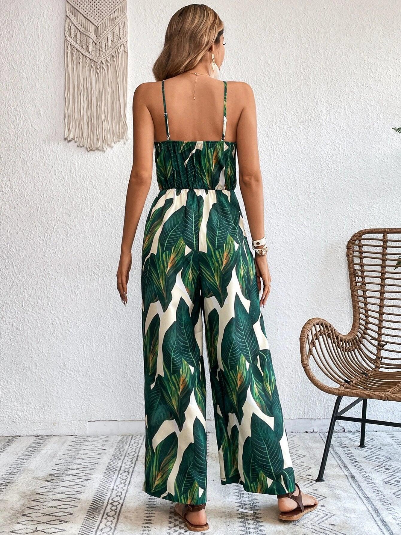 Tropical Print Wide Leg Cami Jumpsuit Without Belt-Comfy Jumpsuits