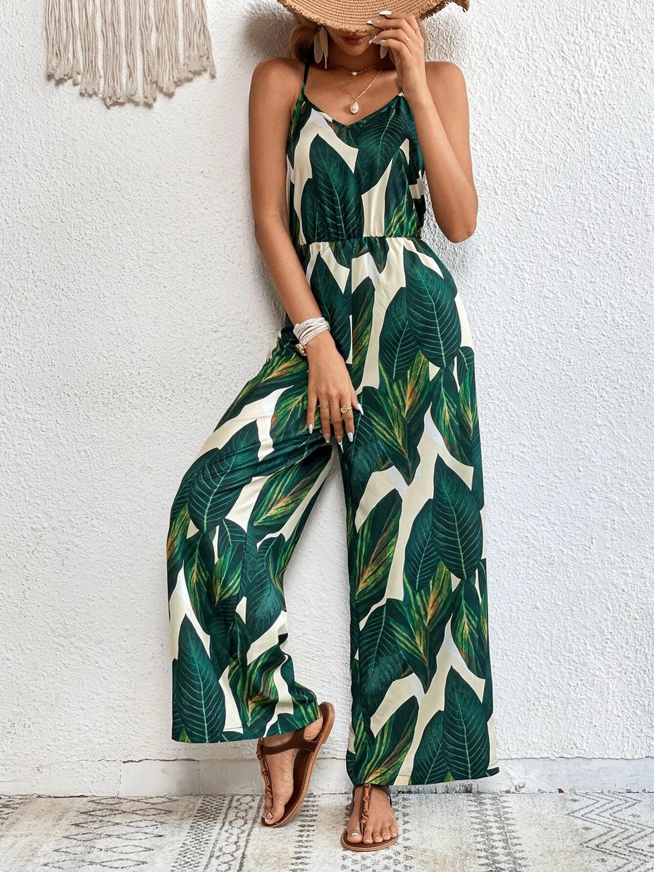 Tropical Print Wide Leg Cami Jumpsuit Without Belt-Comfy Jumpsuits