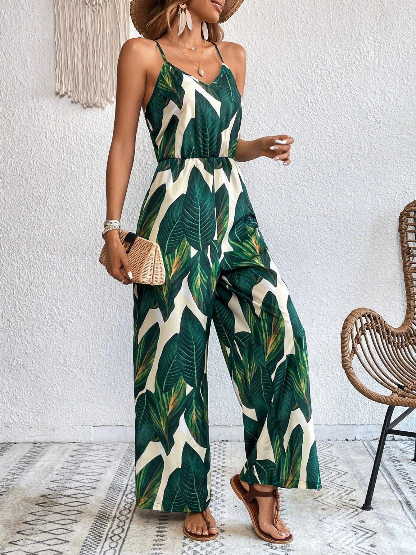 Tropical Print Wide Leg Cami Jumpsuit Without Belt-Comfy Jumpsuits