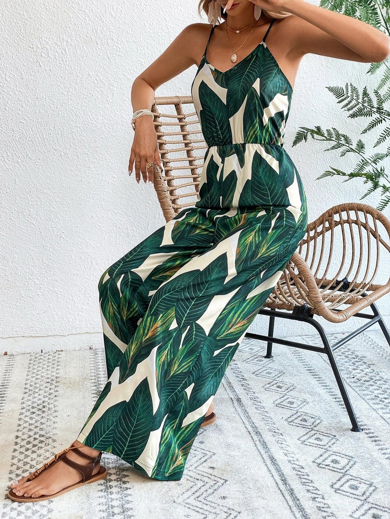 Tropical Print Wide Leg Cami Jumpsuit Without Belt-Comfy Jumpsuits