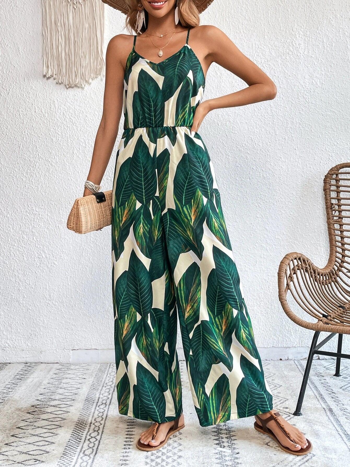Tropical Print Wide Leg Cami Jumpsuit Without Belt-Comfy Jumpsuits