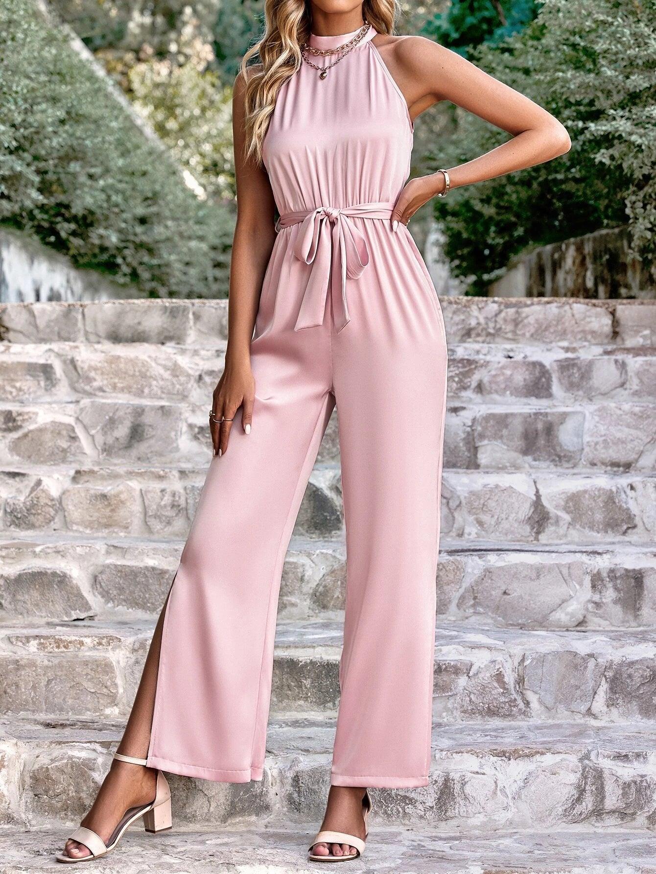 Tie Back Split Hem Belted Jumpsuit-Comfy Jumpsuits