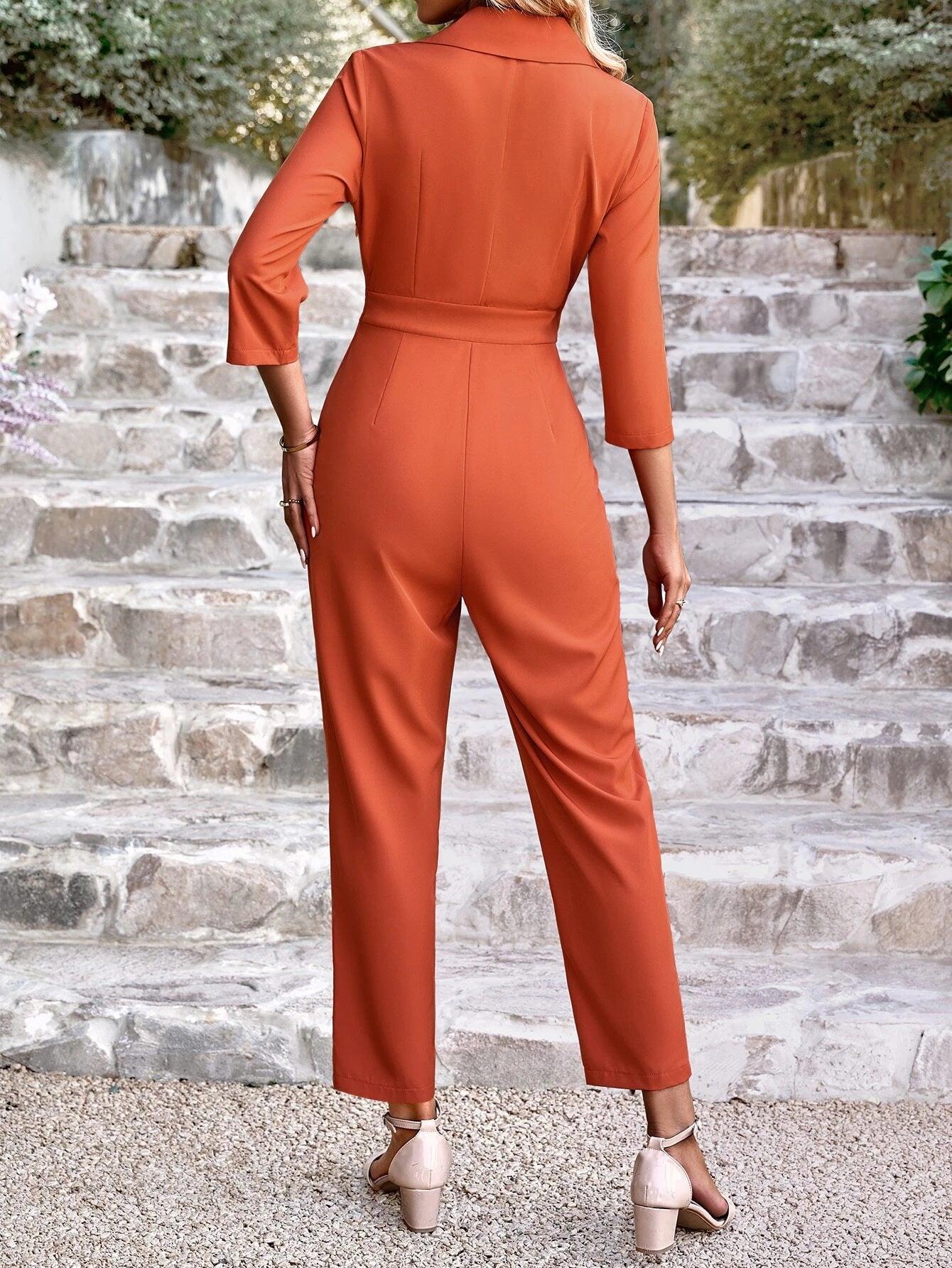Lapel Neck Single Button Fold Pleated Jumpsuit-Comfy Jumpsuits