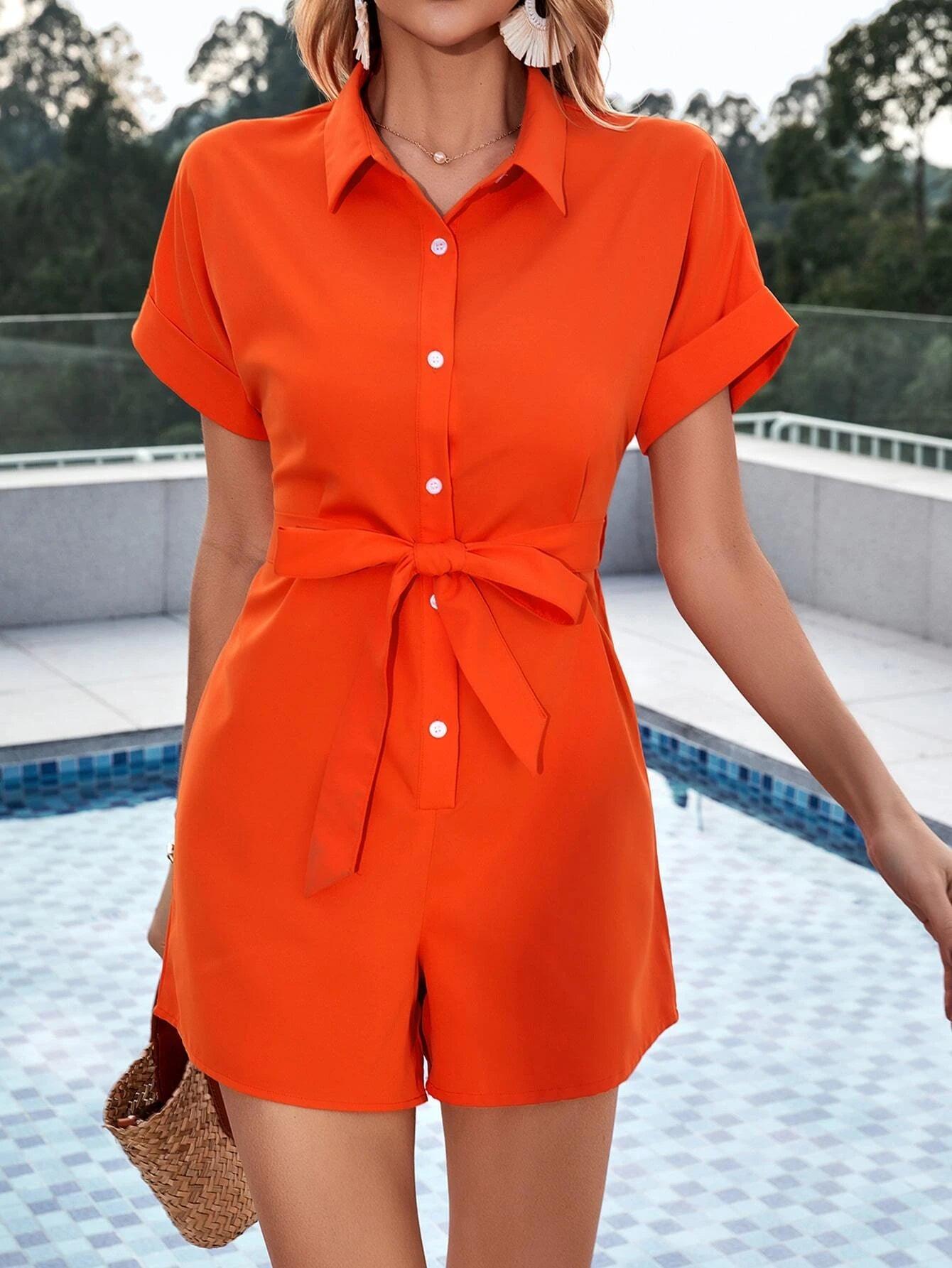 Button Front Batwing Sleeve Belted Romper-Comfy Jumpsuits