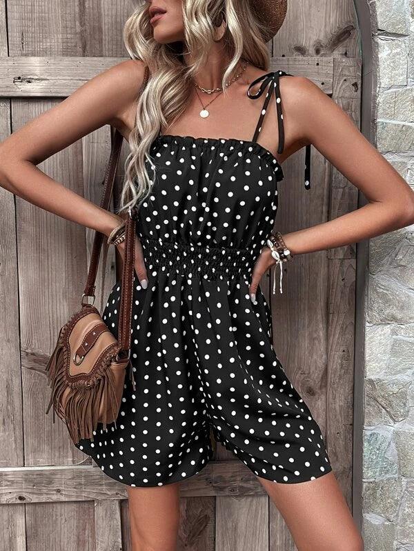 Boho Polka Dot Tie Shoulder Ruffle Hem Cami Romper-Comfy Jumpsuits
