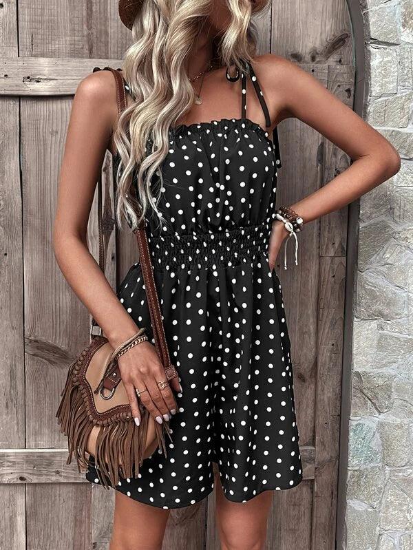 Boho Polka Dot Tie Shoulder Ruffle Hem Cami Romper-Comfy Jumpsuits