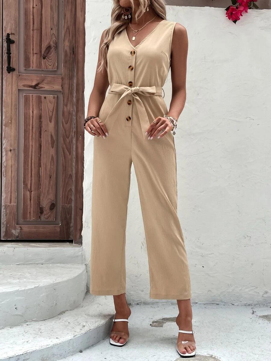Button Front Casual Belted Tank Jumpsuit-Comfy Jumpsuits