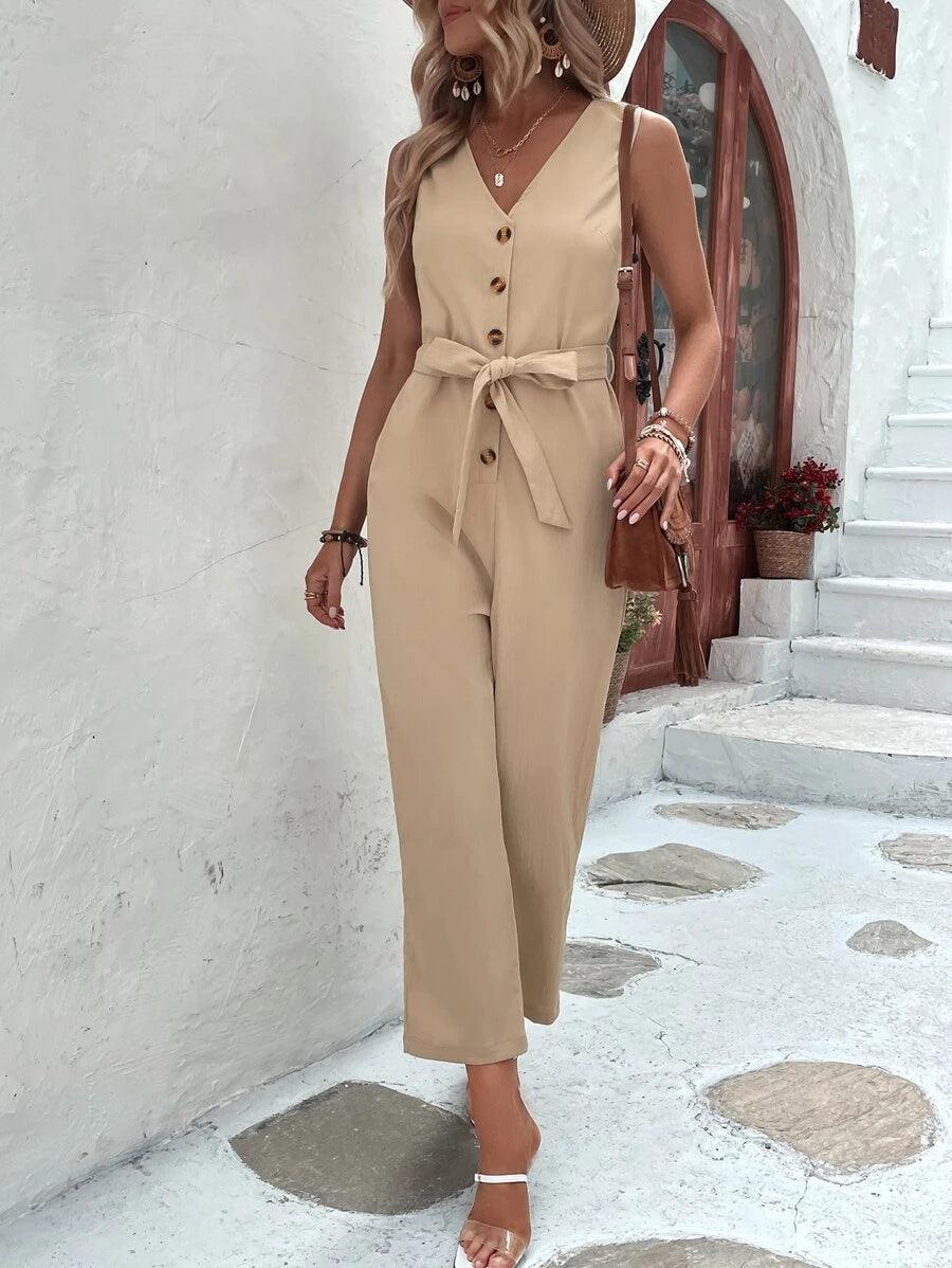 Button Front Casual Belted Tank Jumpsuit-Comfy Jumpsuits