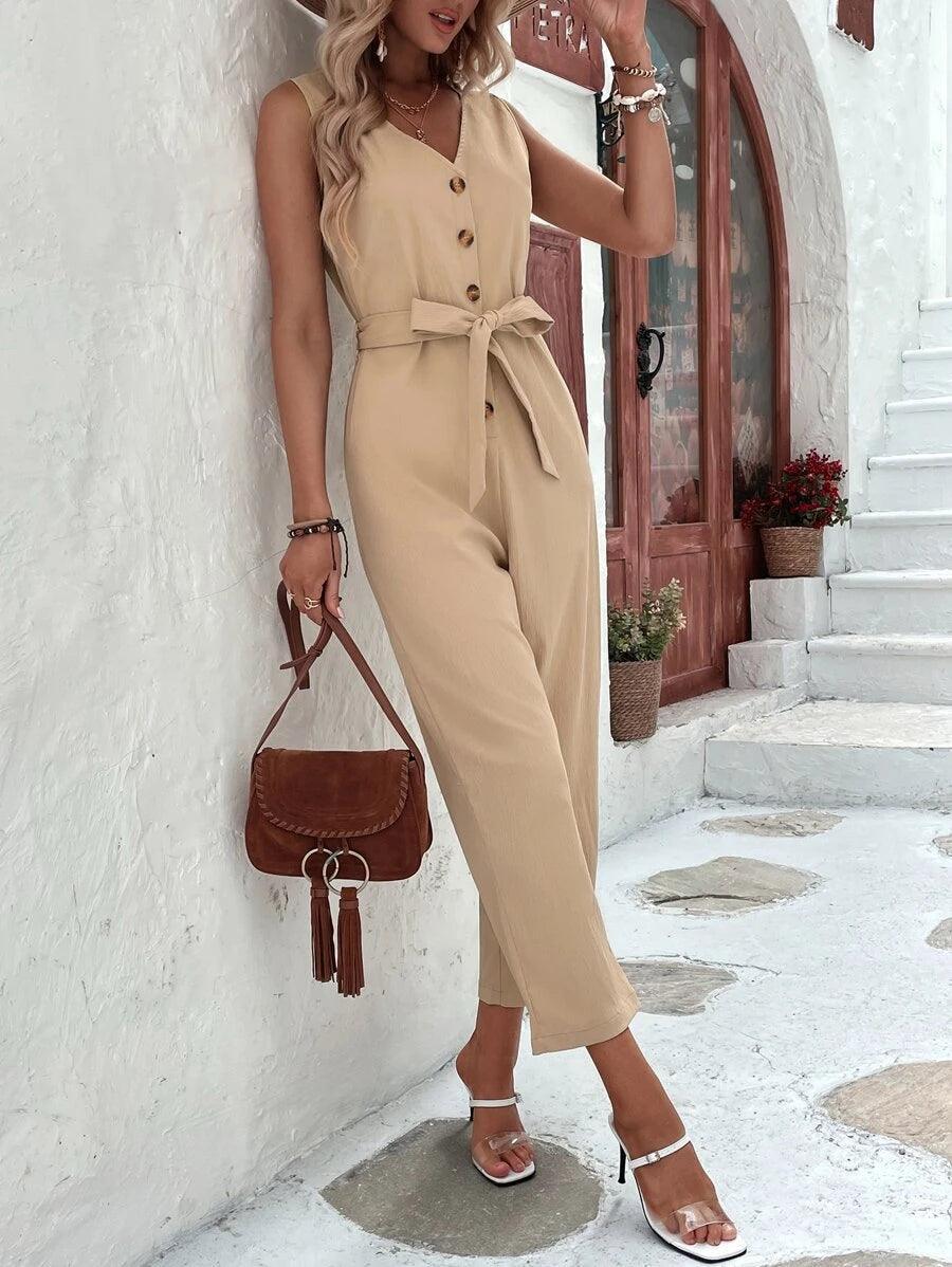 Button Front Casual Belted Tank Jumpsuit-Comfy Jumpsuits