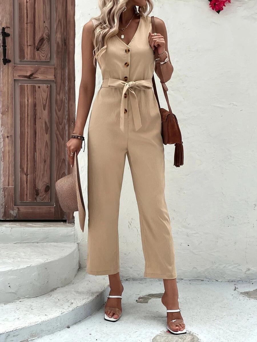 Button Front Casual Belted Tank Jumpsuit-Comfy Jumpsuits