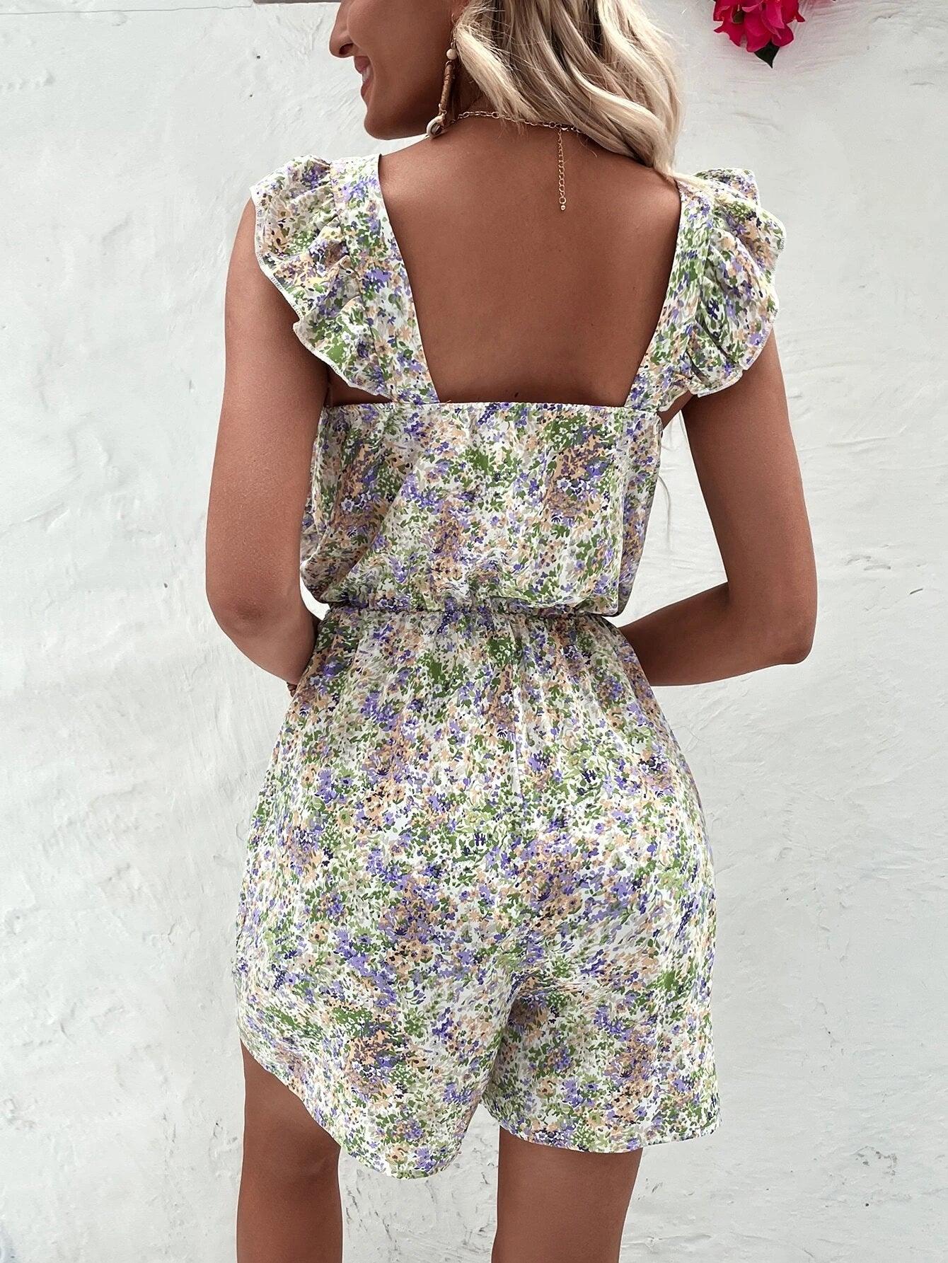 Floral Ruffle Trim Romper-Comfy Jumpsuits