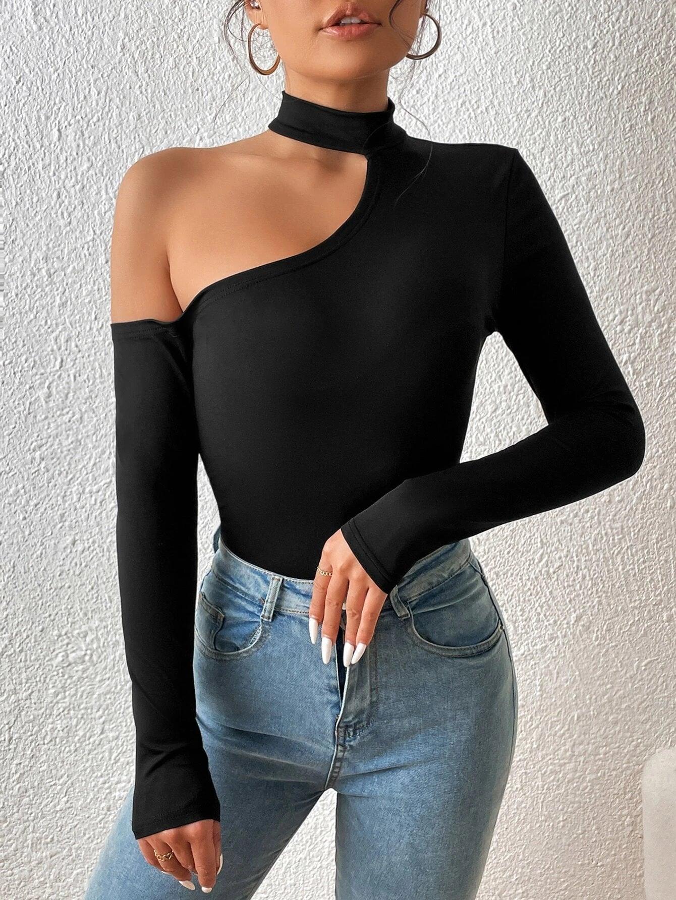 Asymmetrical Neck Slim Fit Bodysuit-Comfy Jumpsuits