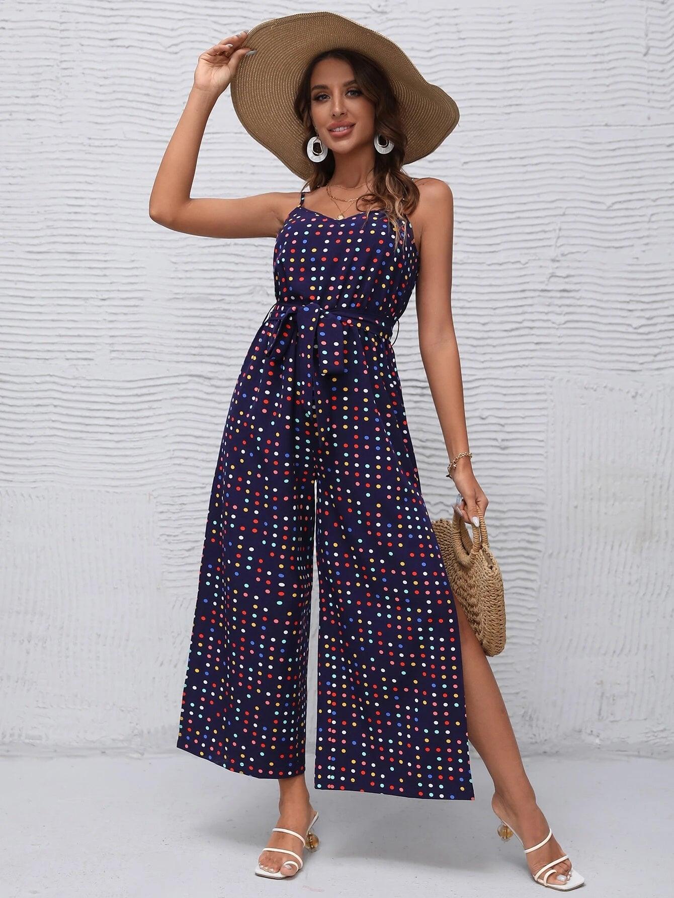 Polka Dot Belted Cami Jumpsuit-Comfy Jumpsuits