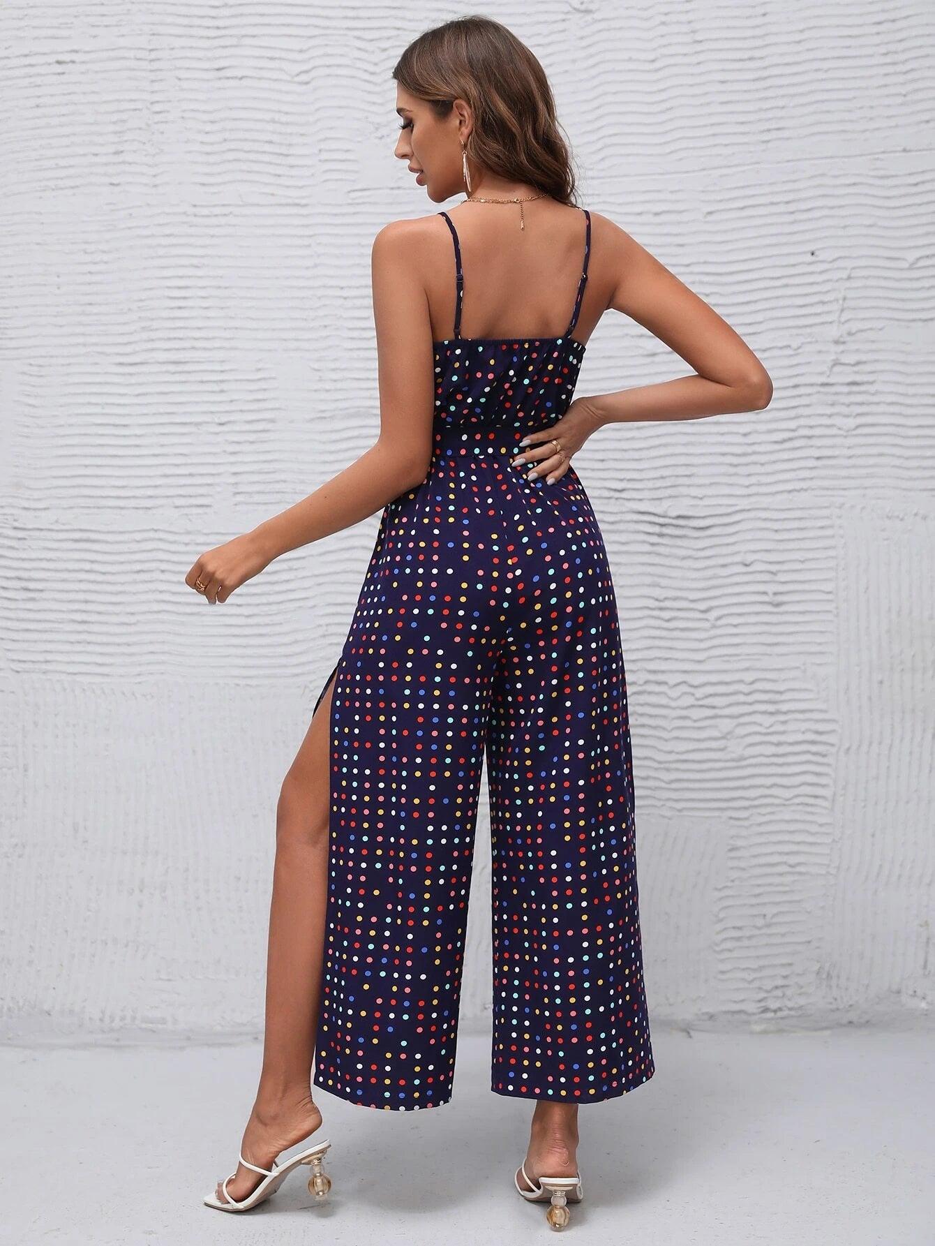 Polka Dot Belted Cami Jumpsuit-Comfy Jumpsuits