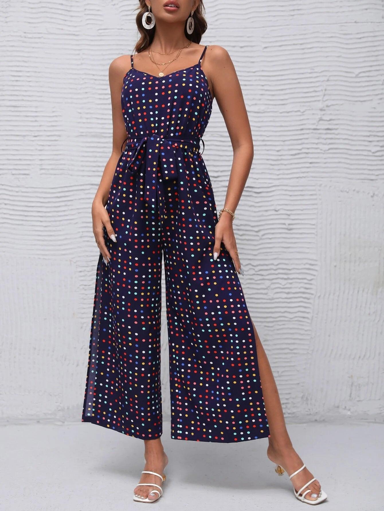 Polka Dot Belted Cami Jumpsuit-Comfy Jumpsuits