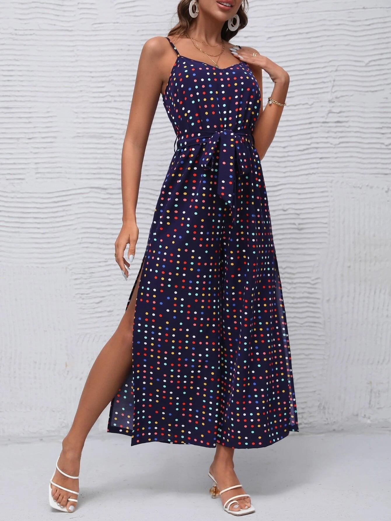 Polka Dot Belted Cami Jumpsuit-Comfy Jumpsuits