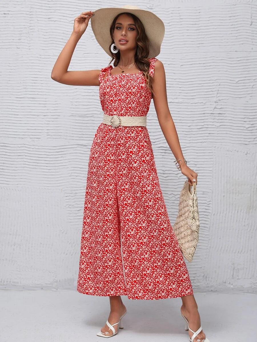 Floral Wide Leg Jumpsuit Without Belt-Comfy Jumpsuits