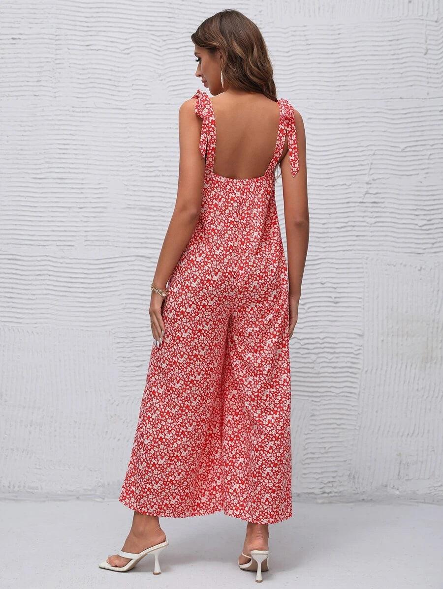 Floral Wide Leg Jumpsuit Without Belt-Comfy Jumpsuits