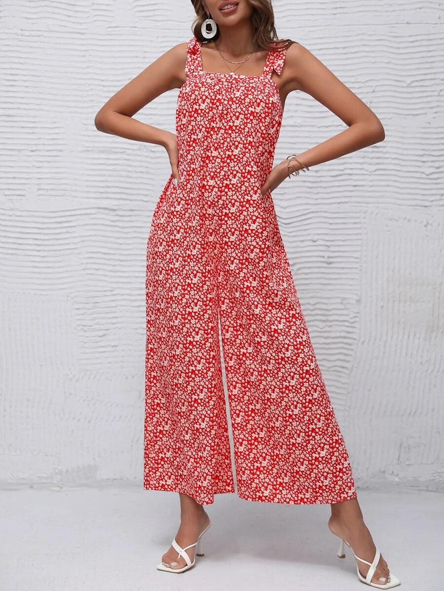 Floral Wide Leg Jumpsuit Without Belt-Comfy Jumpsuits