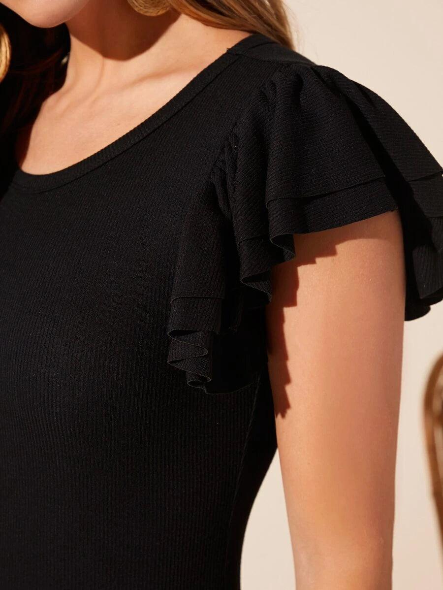 Solid Butterfly Sleeve Bodysuit-Comfy Jumpsuits