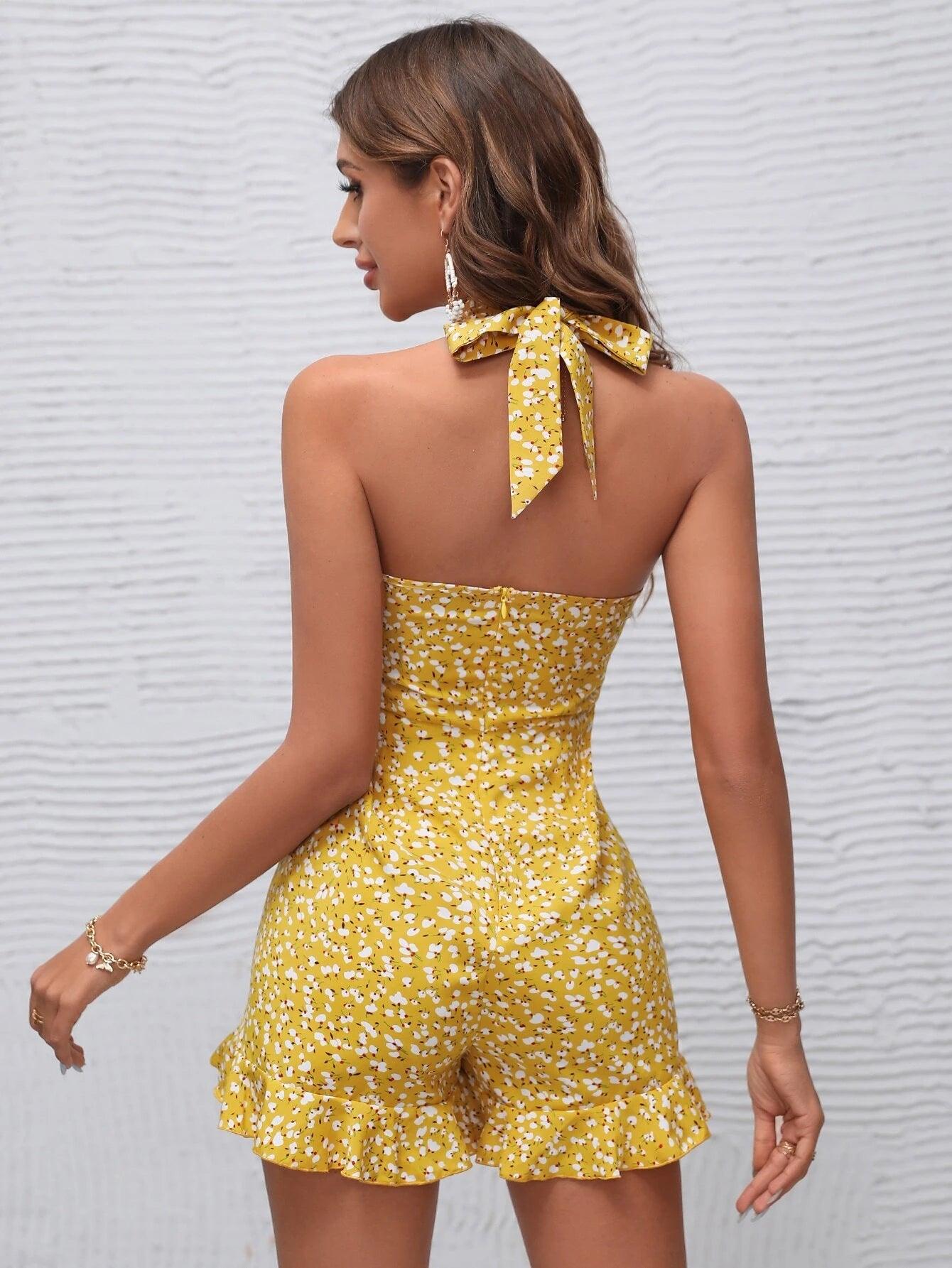 Floral Tie Backless Halter Romper-Comfy Jumpsuits