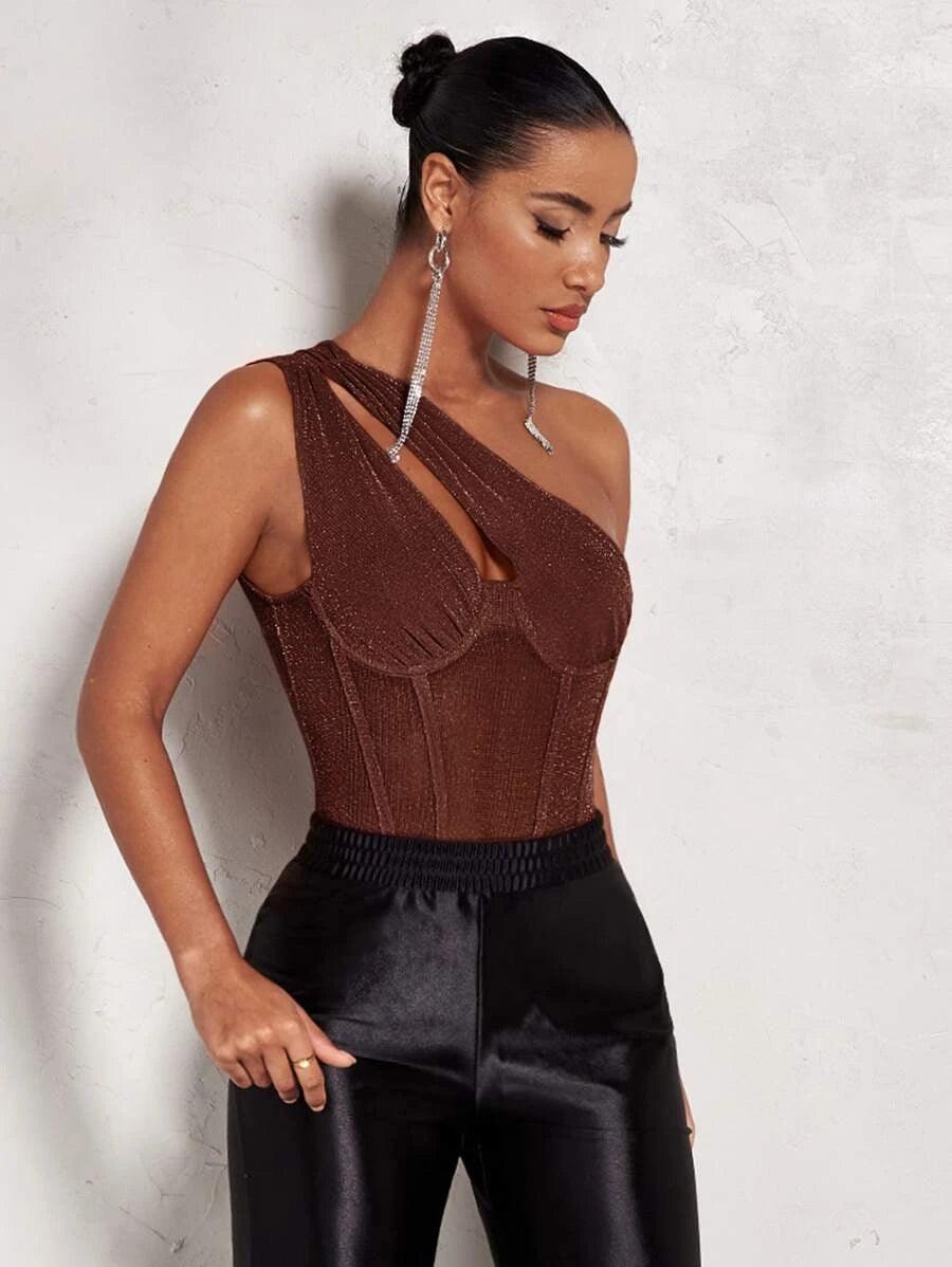 One Shoulder Cut Out Sleeveless Bodysuit-Comfy Jumpsuits