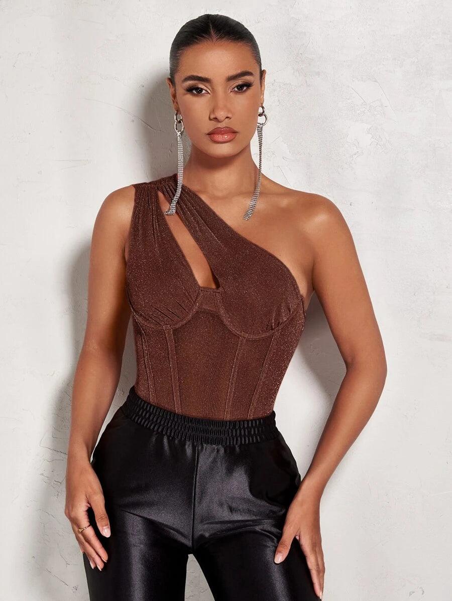 One Shoulder Cut Out Sleeveless Bodysuit-Comfy Jumpsuits