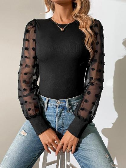 Bishop Sleeve Mesh Bodysuit-Comfy Jumpsuits
