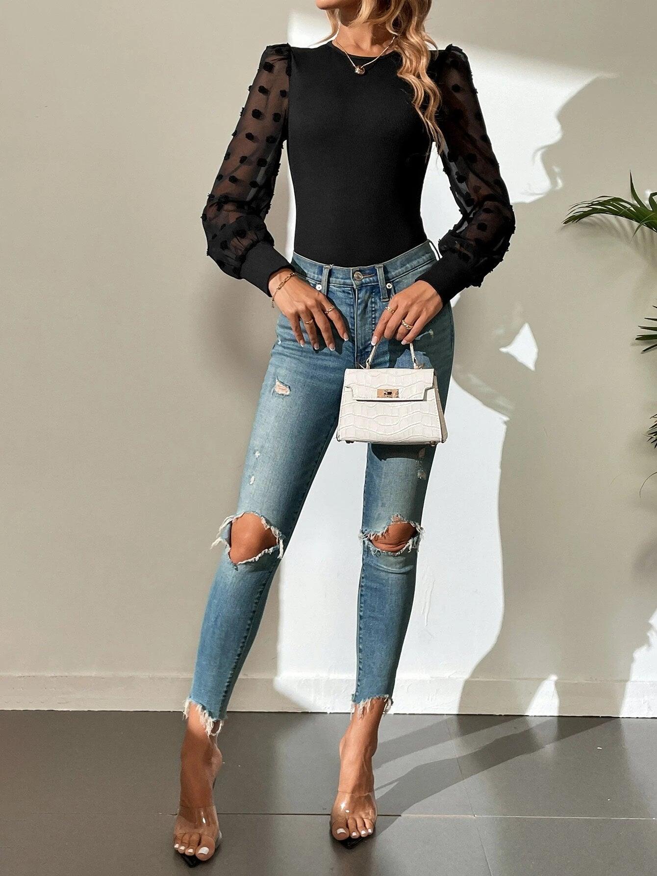 Bishop Sleeve Mesh Bodysuit-Comfy Jumpsuits