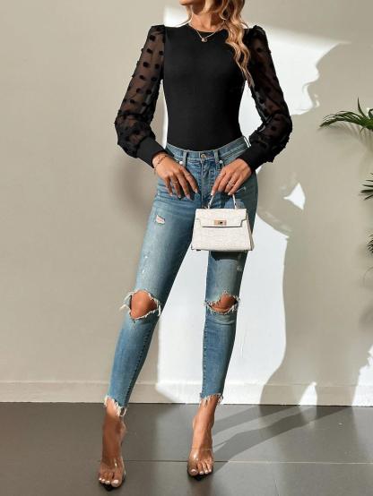 Bishop Sleeve Mesh Bodysuit-Comfy Jumpsuits