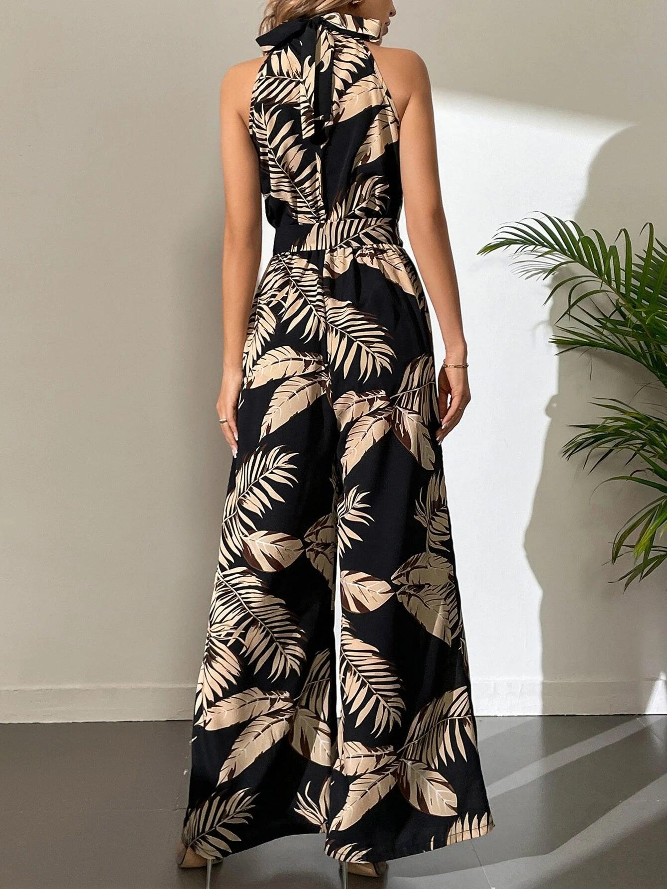 Long Tropical Print Belted Jumpsuit-Comfy Jumpsuits