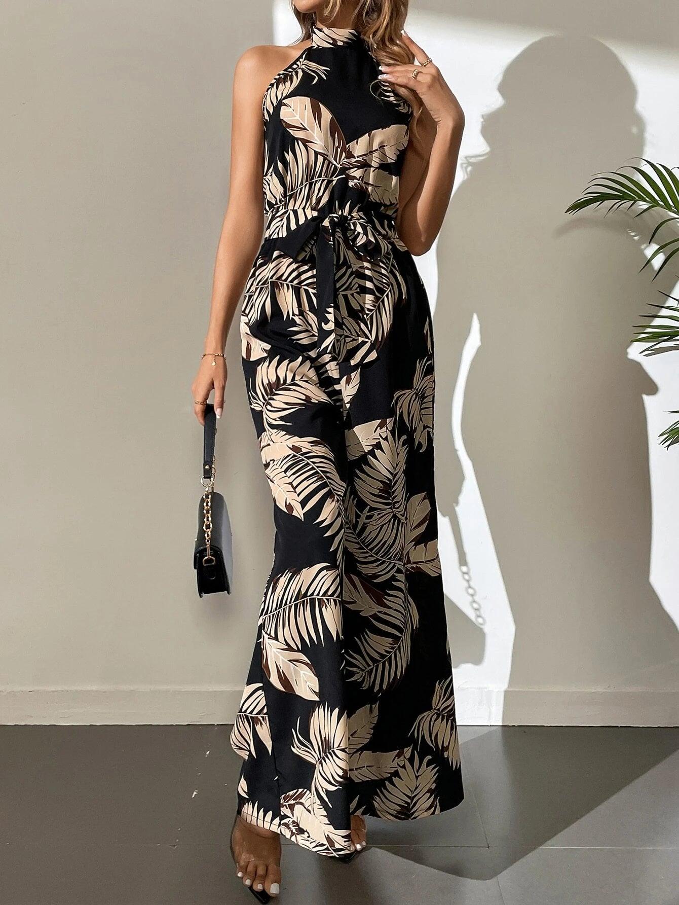 Long Tropical Print Belted Jumpsuit-Comfy Jumpsuits
