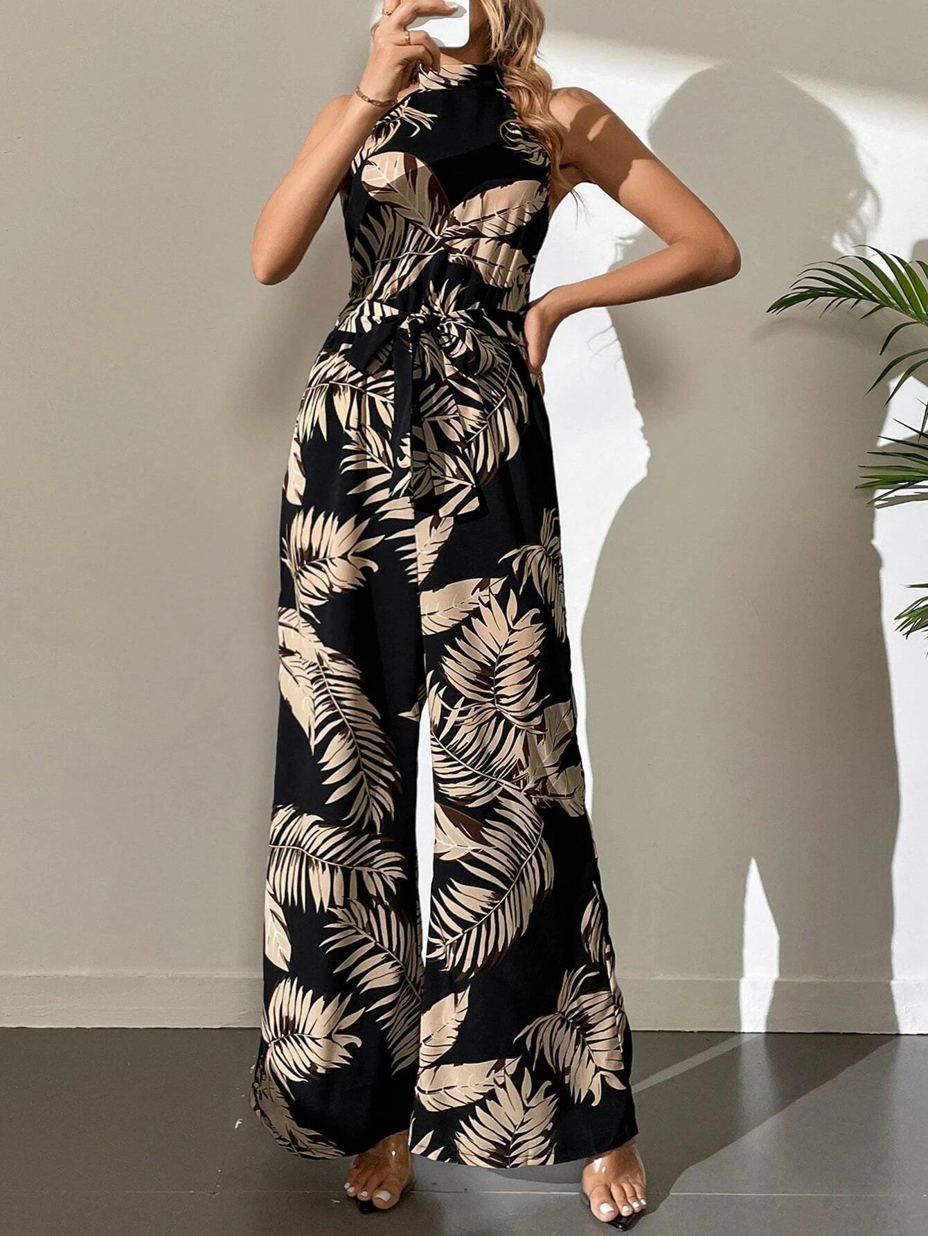 Long Tropical Print Belted Jumpsuit-Comfy Jumpsuits